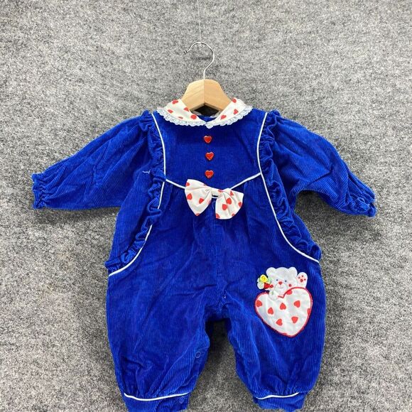 Vintage Romper Girls 3-6 Months Blue Collared Long Sleeve Cotton Button Up - Picture 3 of 6